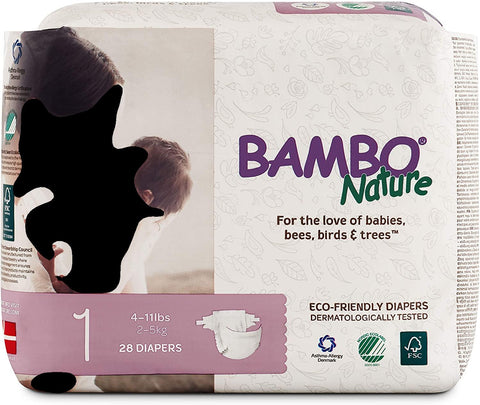 Bambo Nature Eco Friendly Premium Baby Diapers for Sensitive Skin - Size 1 [4-11 lbs], 28 Count [6 Pack]