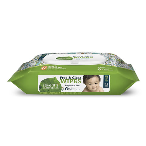 Seventh Generation Thick and Strong, Free and Clear Baby Wipes with Flip Top Dispenser, 64 Count [Case of 12] 