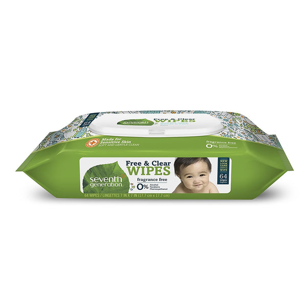 Seventh Generation Thick and Strong, Free and Clear Baby Wipes with Flip Top Dispenser, 64 Count [Case of 12] - 1