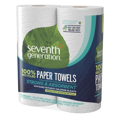 Seventh Generation Paper Towels, 100% Recycled Paper, 2-ply, 140 Sheets, 2 Rolls per pack (12 double packs per case) 