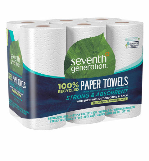 Seventh Generation Paper Towels, 100% Recycled Paper, 2-ply, 140 Sheets, 6 Rolls per pack (4 Six-packs per case) 