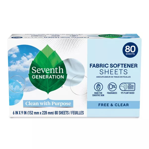 Seventh Generation Fabric Softener Sheets, Free & Clear, 80 Sheets - 1