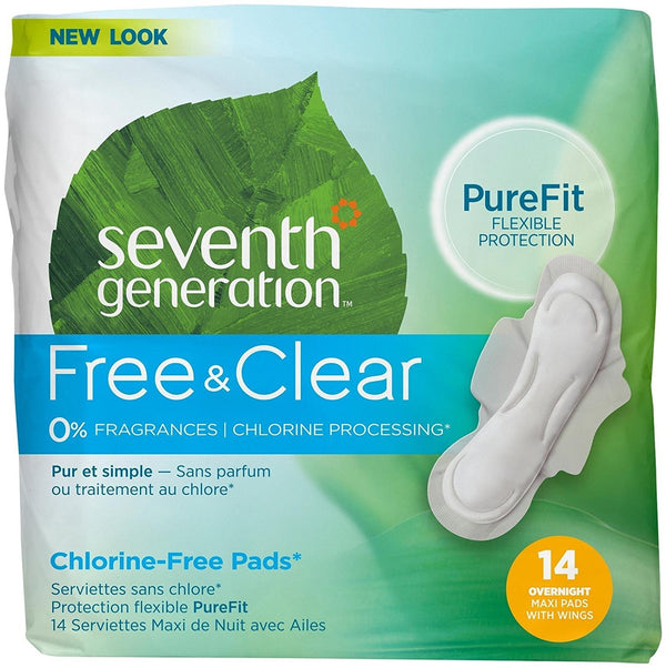 Seventh Generation Free & Clear Maxi Pads, Chlorine Free, Overnight with Wings, 14 Ct  [12 Pack] - 1