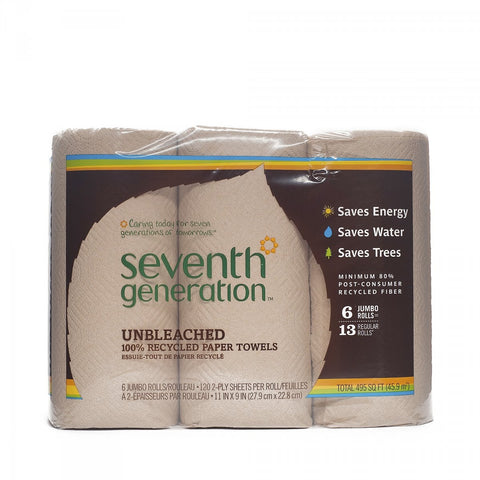 Seventh Generation 100% Recycled Paper Towels, Unbleached, 2-Ply , 120 Sheets per roll. 6 Rolls per pack. (Four 6-packs per Case)